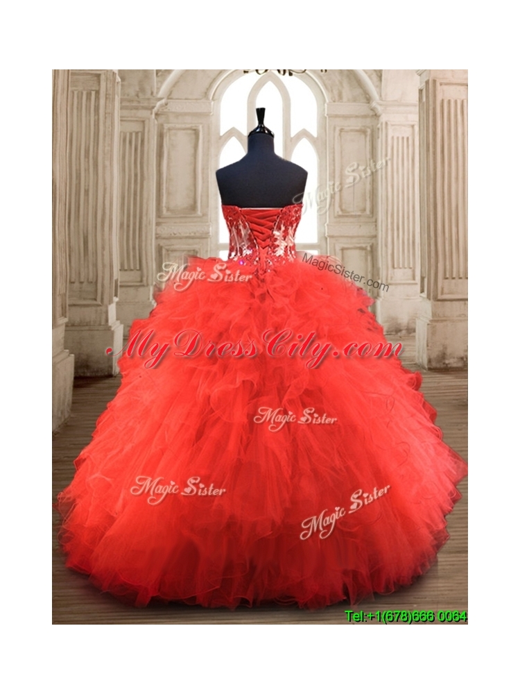 Popular Red Really Puffy Quinceanera Gown with Appliques and Ruffles