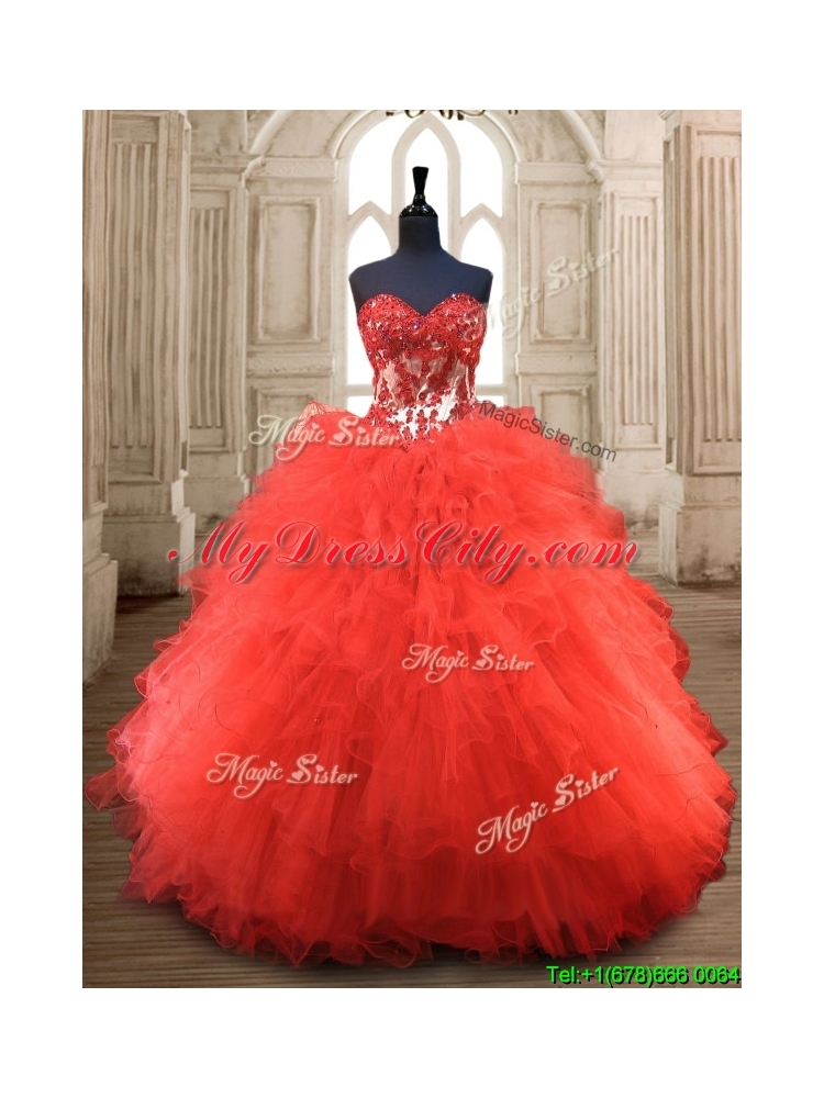 Popular Red Really Puffy Quinceanera Gown with Appliques and Ruffles