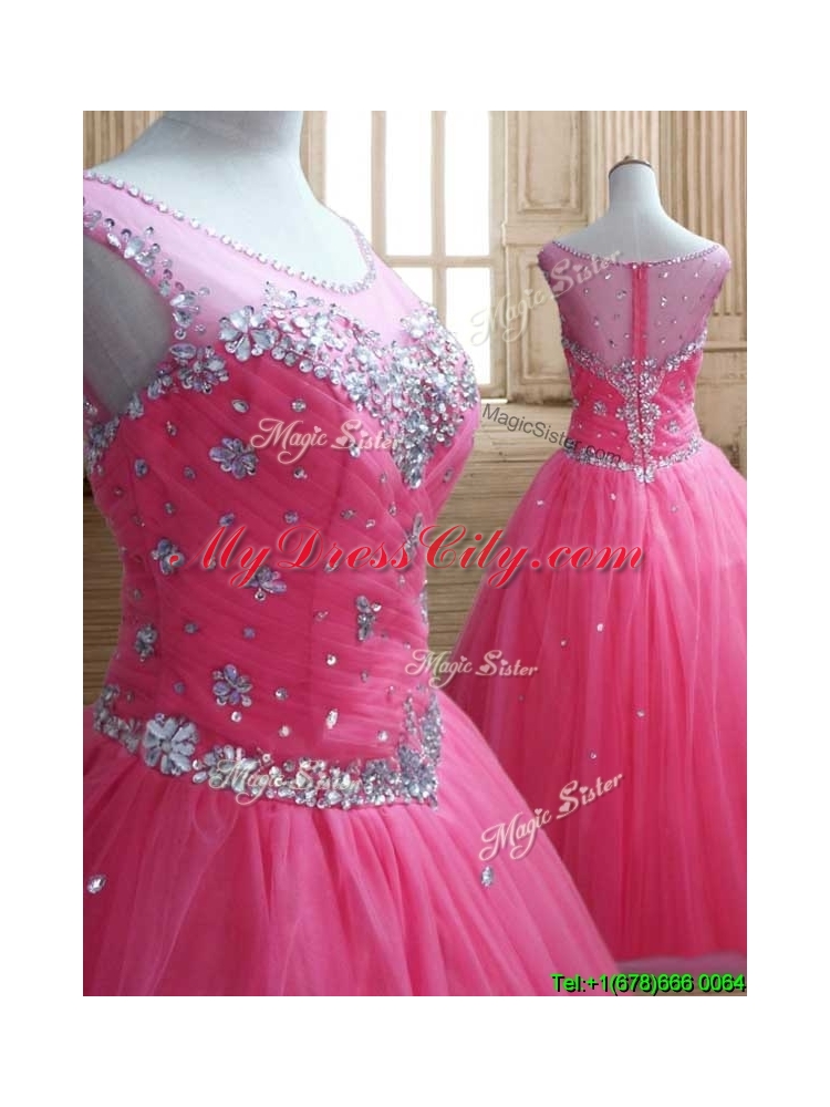 See Through Scoop Rose Pink Quinceanera Dress with Beading