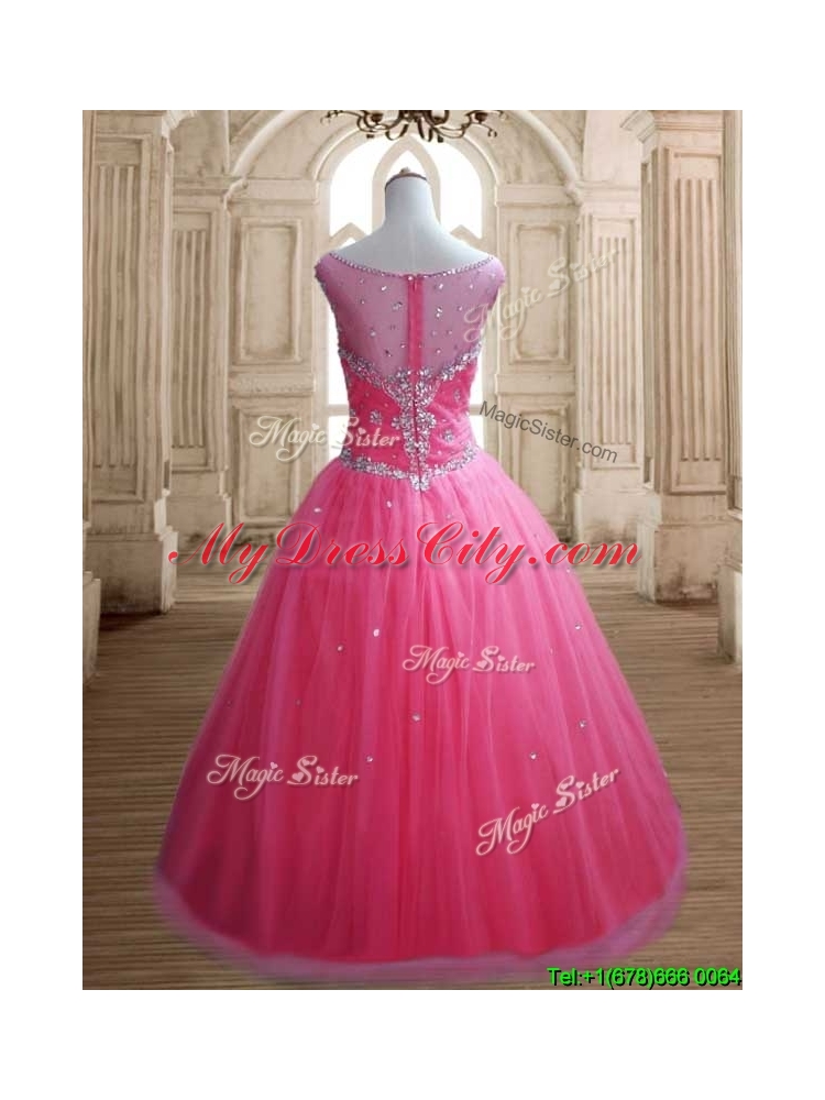 See Through Scoop Rose Pink Quinceanera Dress with Beading