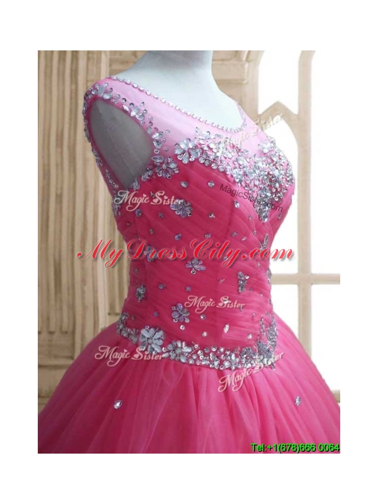 See Through Scoop Rose Pink Quinceanera Dress with Beading