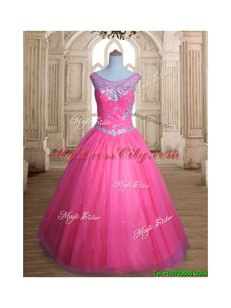 See Through Scoop Rose Pink Quinceanera Dress with Beading