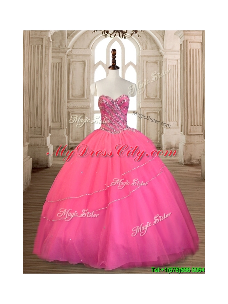 Top Selling Beaded Tulle Sweet 16 Dress in Rose Pink