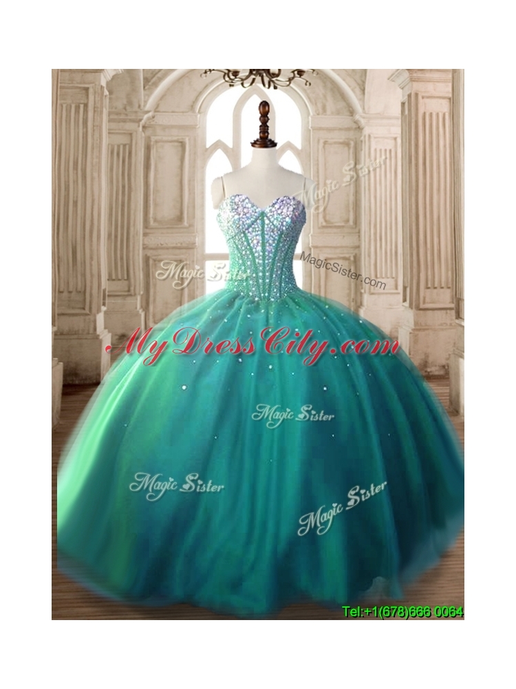 Visible Boning Beaded Bodice Tulle Quinceanera Dress in Turquoise