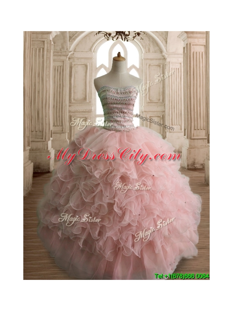 Wonderful Peach Organza Quinceanera Dress with Beading and Ruffles