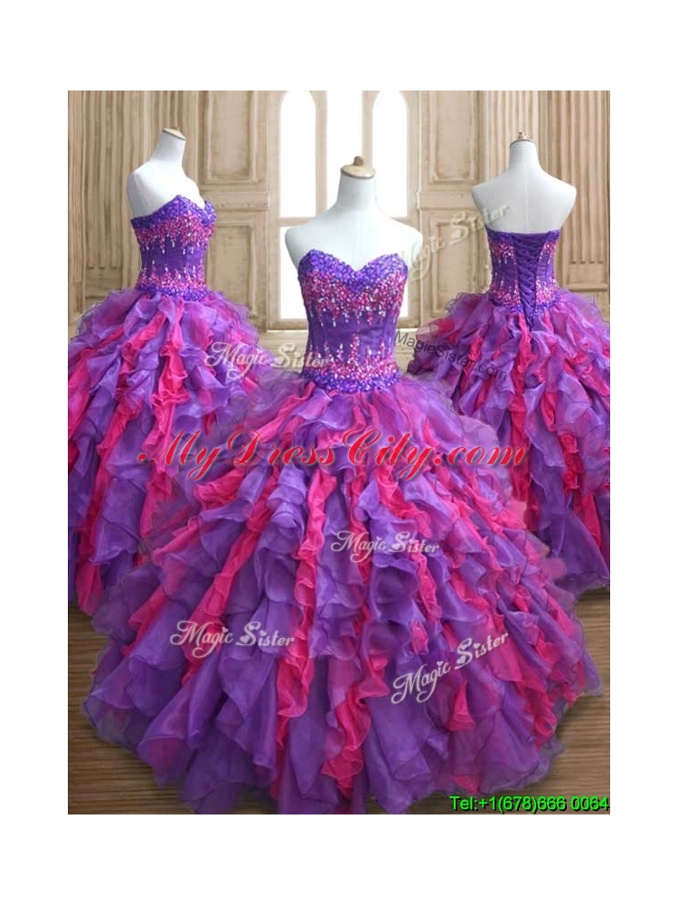 Cheap Applique and Ruffled Quinceanera Dress in Purple and Hot Pink