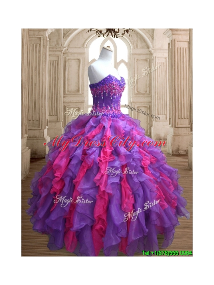 Cheap Applique and Ruffled Quinceanera Dress in Purple and Hot Pink