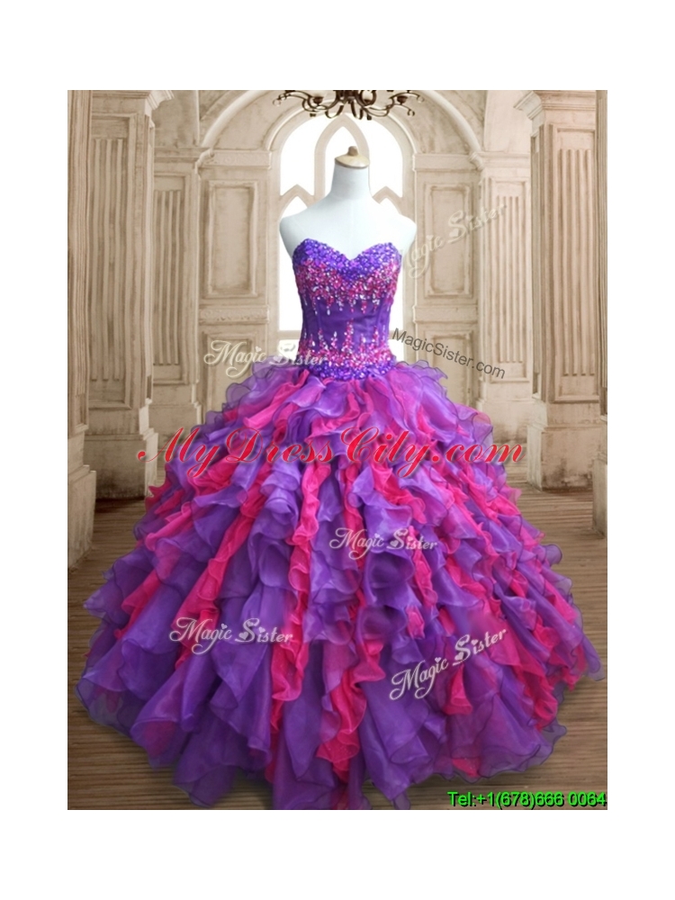 Cheap Applique and Ruffled Quinceanera Dress in Purple and Hot Pink