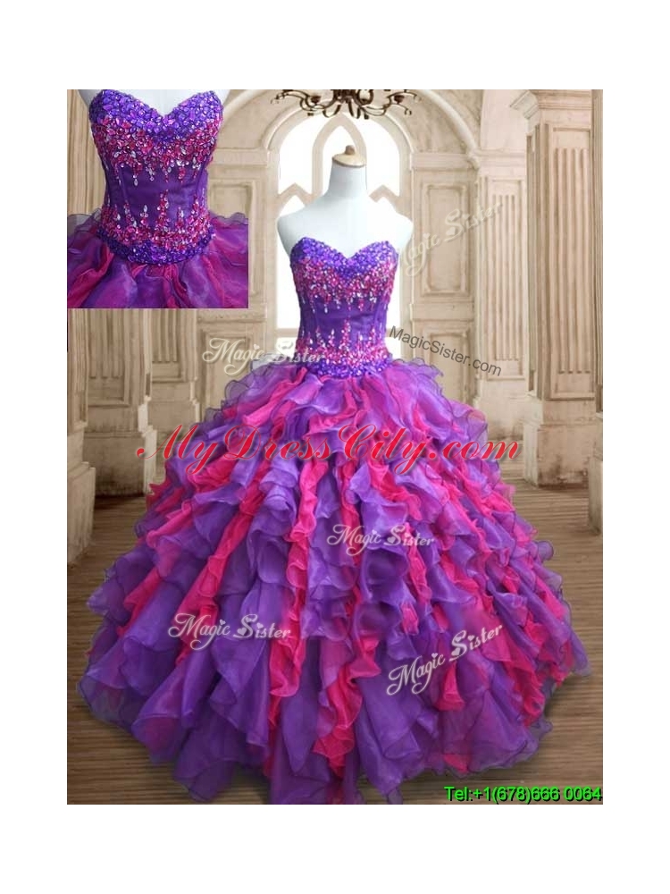 Cheap Applique and Ruffled Quinceanera Dress in Purple and Hot Pink