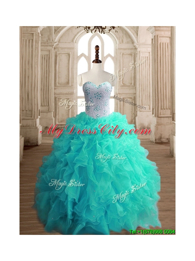 Classical Turquoise Organza Sweet 16 Dress with Beading and Ruffles