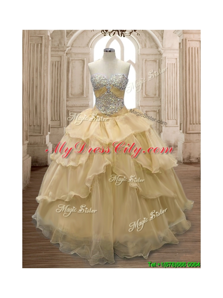 Exquisite Beaded and Ruffled Organza Sweet 16 Dress in Champagne