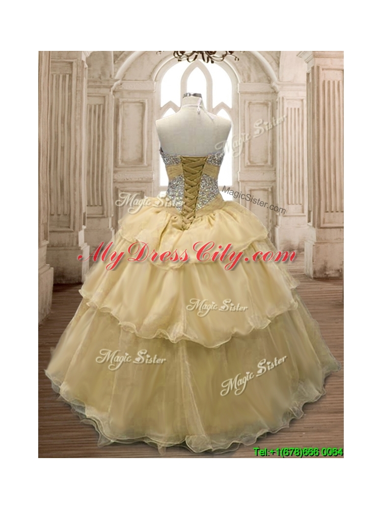 Exquisite Beaded and Ruffled Organza Sweet 16 Dress in Champagne