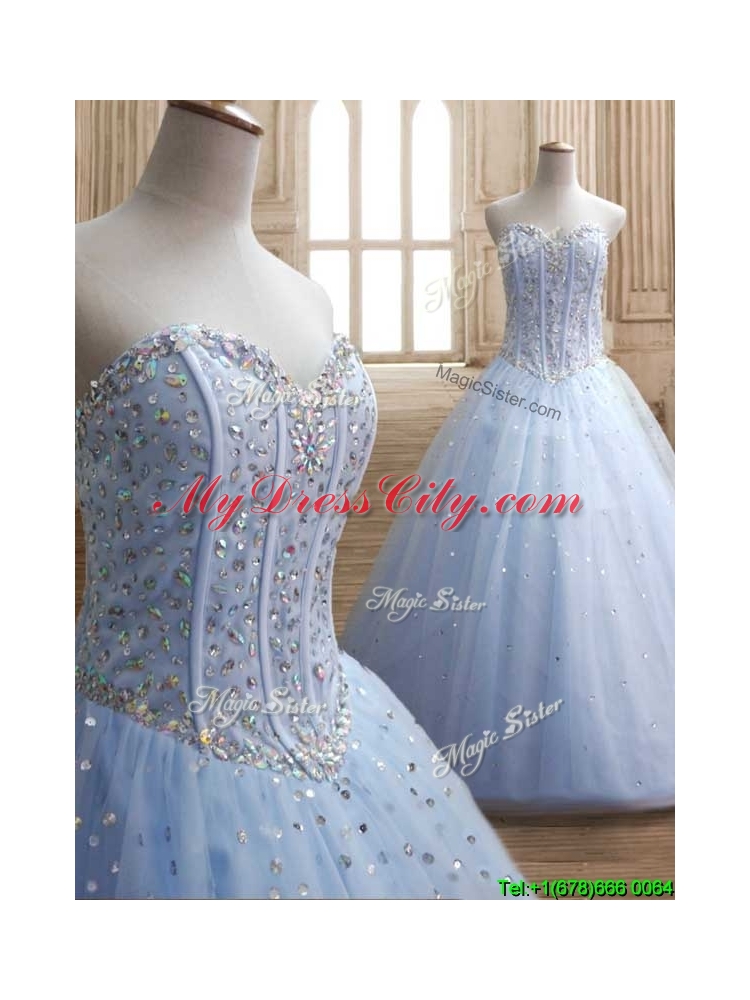 New Style Beaded Bodice Tulle Quinceanera Dress in Light Blue