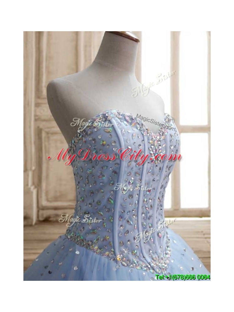 New Style Beaded Bodice Tulle Quinceanera Dress in Light Blue