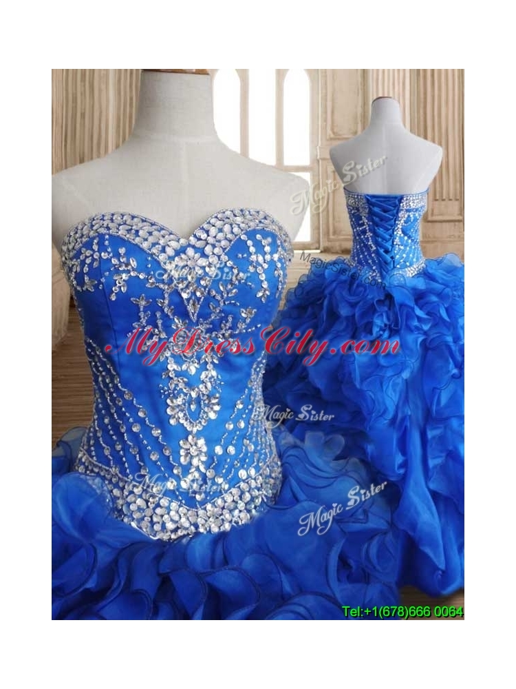 Romantic Beaded and Ruffled Royal Blue Sweet 16 Dress in Organza