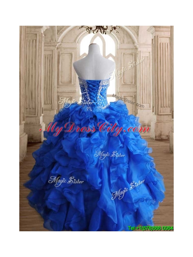 Romantic Beaded and Ruffled Royal Blue Sweet 16 Dress in Organza