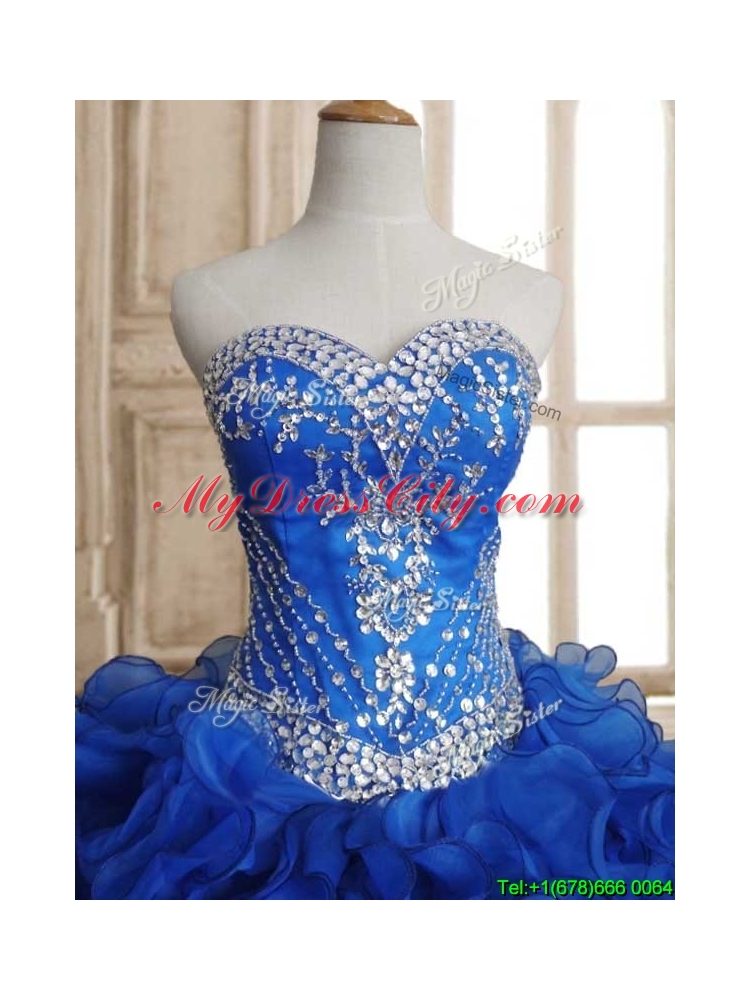 Romantic Beaded and Ruffled Royal Blue Sweet 16 Dress in Organza