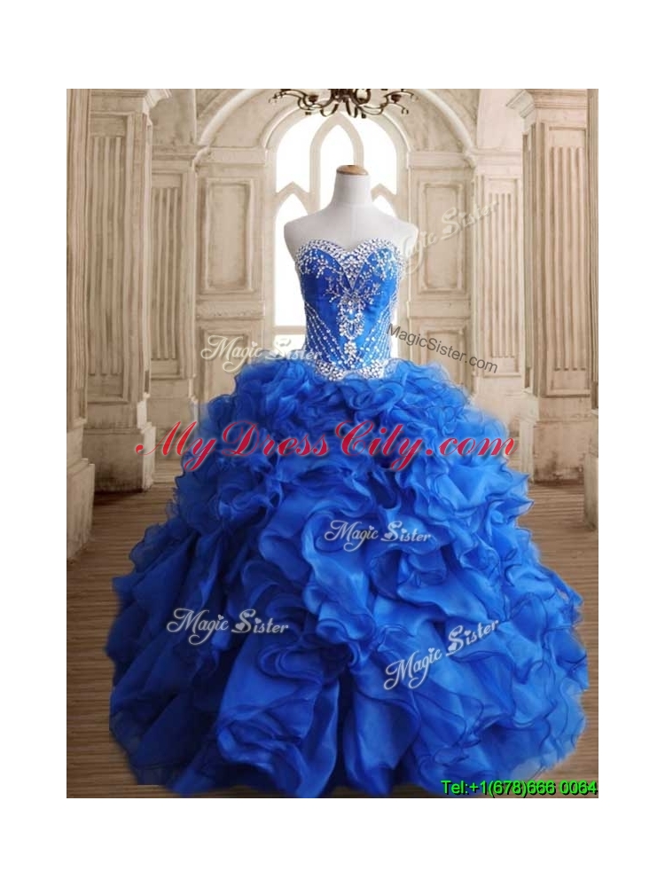 Romantic Beaded and Ruffled Royal Blue Sweet 16 Dress in Organza