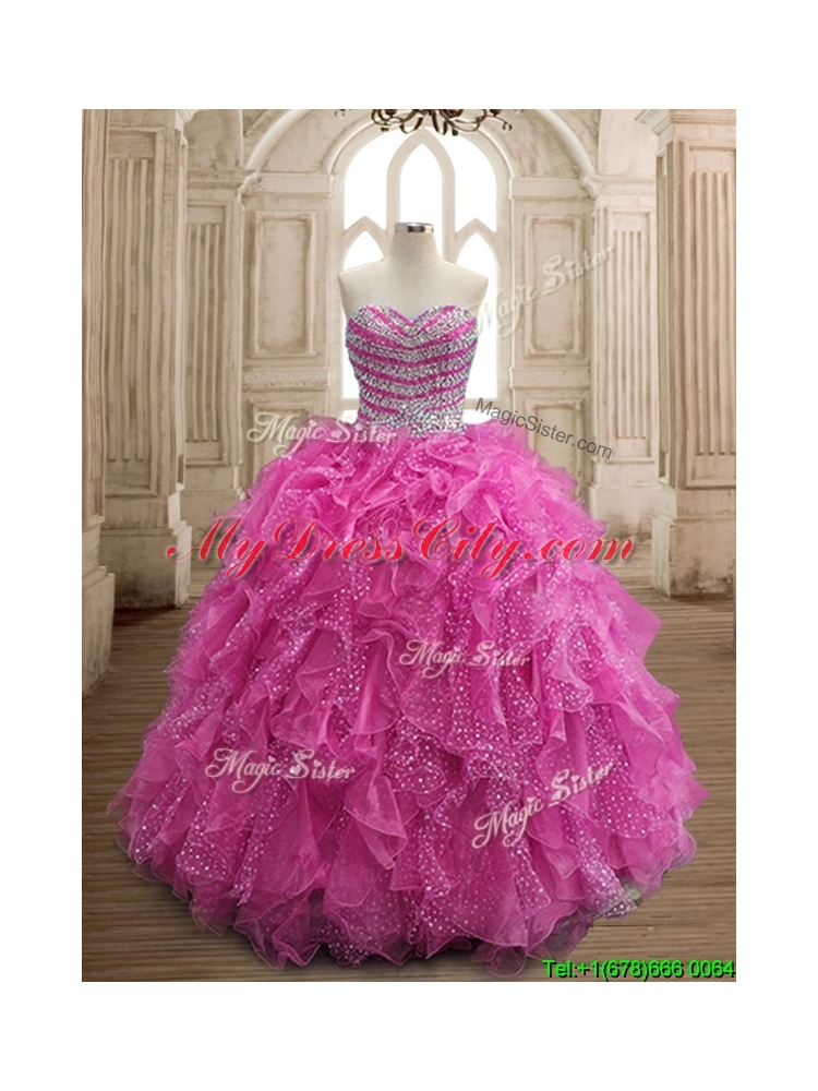 Unique Fuchsia Big Puffy Quinceanera Dress with Beading and Ruffles