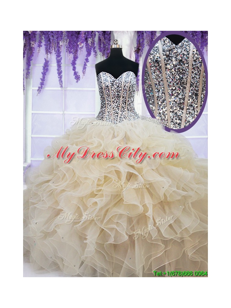 2017 Classical Visible Boning Beaded Bodice Champagne Quinceanera Dress in Organza