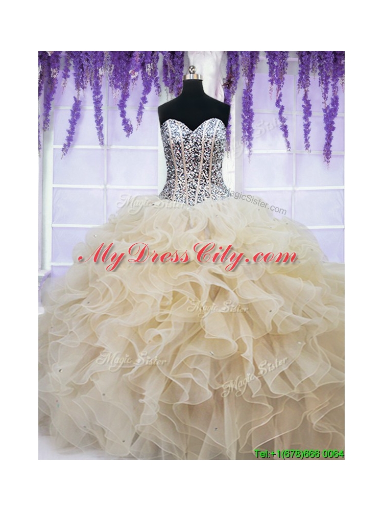 2017 Classical Visible Boning Beaded Bodice Champagne Quinceanera Dress in Organza