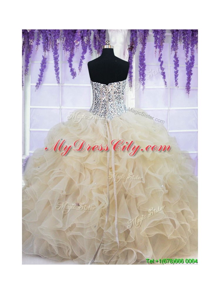 2017 Classical Visible Boning Beaded Bodice Champagne Quinceanera Dress in Organza