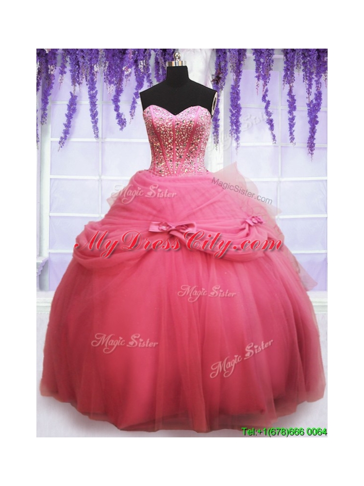 2017 Perfect Tulle Watermelon Red Quinceanera Dress with Beading and Bowknot