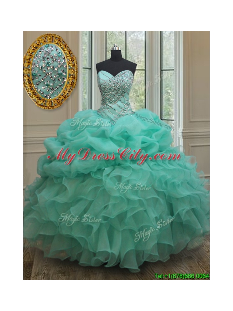 Lovely Big Puffy Beaded and Bubble Quinceanera Dress in Turquoise