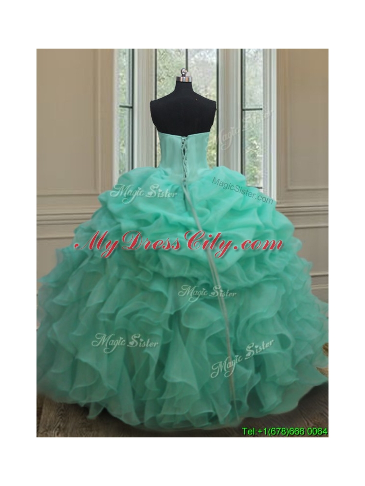 Lovely Big Puffy Beaded and Bubble Quinceanera Dress in Turquoise