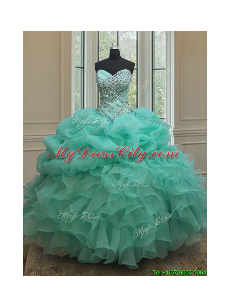 Lovely Big Puffy Beaded and Bubble Quinceanera Dress in Turquoise