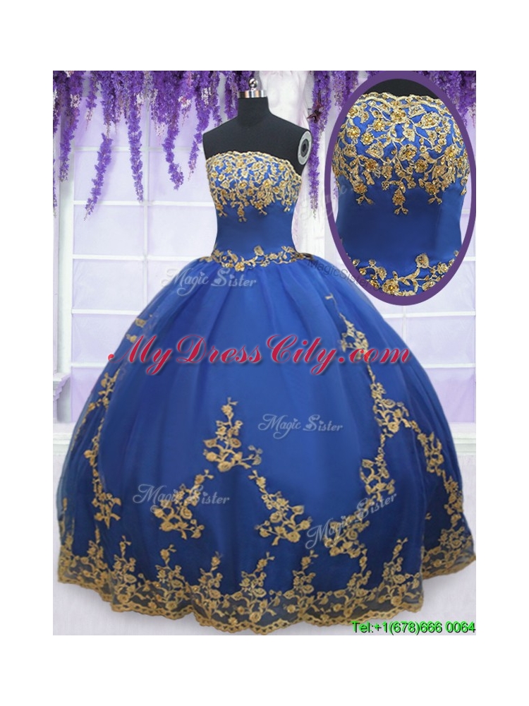 Low Price Strapless Zipper Up Blue Quinceanera Gown with Gold Appliques