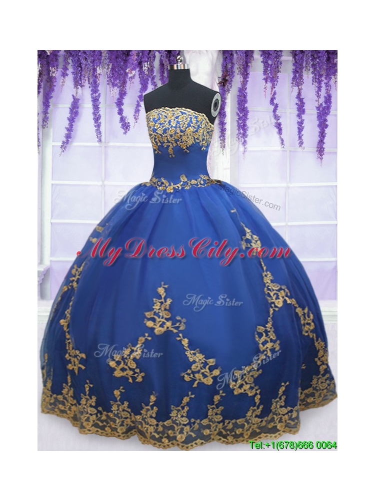 Low Price Strapless Zipper Up Blue Quinceanera Gown with Gold Appliques