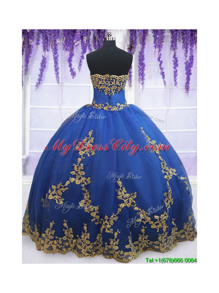 Low Price Strapless Zipper Up Blue Quinceanera Gown with Gold Appliques