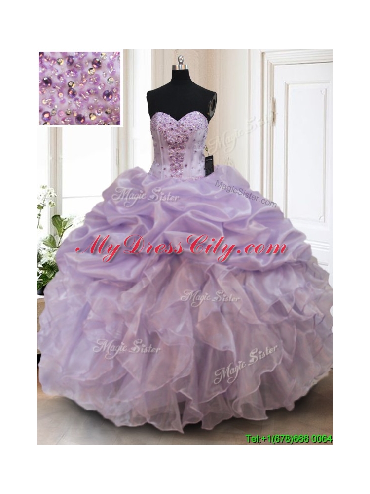 Luxurious Organza Lavender Sweet 16 Dress with Bubbles and Ruffles