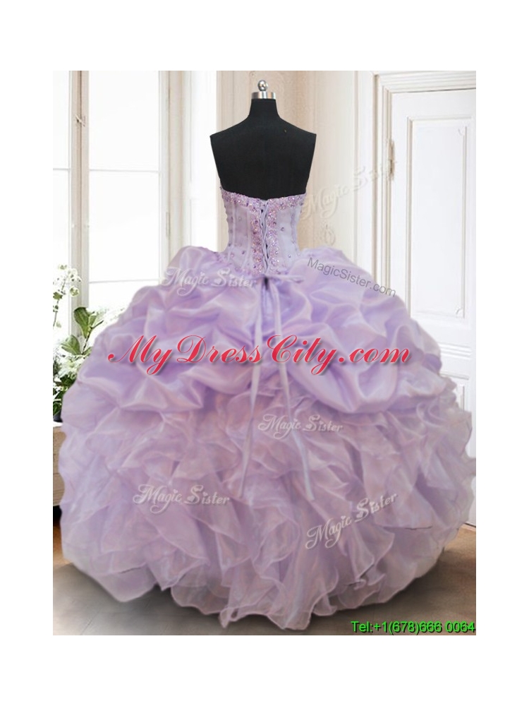 Luxurious Organza Lavender Sweet 16 Dress with Bubbles and Ruffles