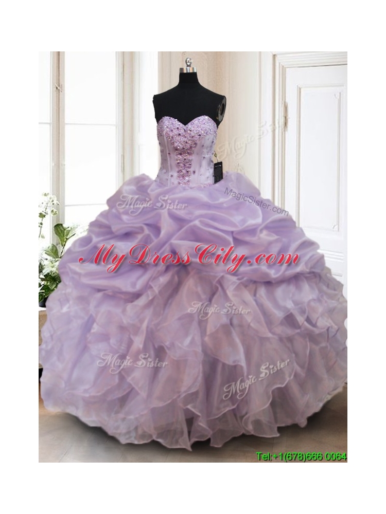 Luxurious Organza Lavender Sweet 16 Dress with Bubbles and Ruffles