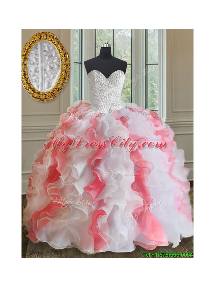 Popular Brush Train White and Coral Red Quinceanera Dress with Beading and Ruffles