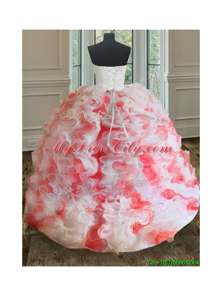 Popular Brush Train White and Coral Red Quinceanera Dress with Beading and Ruffles