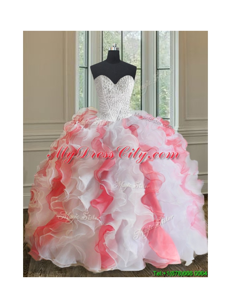 Popular Brush Train White and Coral Red Quinceanera Dress with Beading and Ruffles