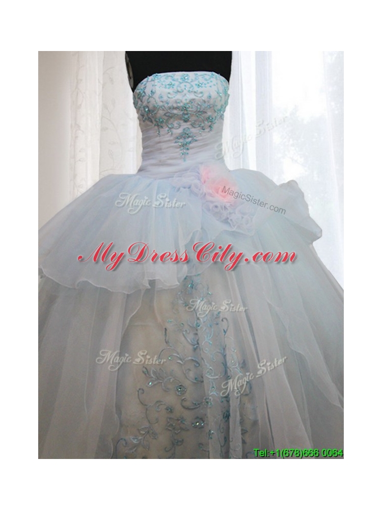 Strapless Light Blue Quinceanera Dress with Appliques and Handmade Flowers