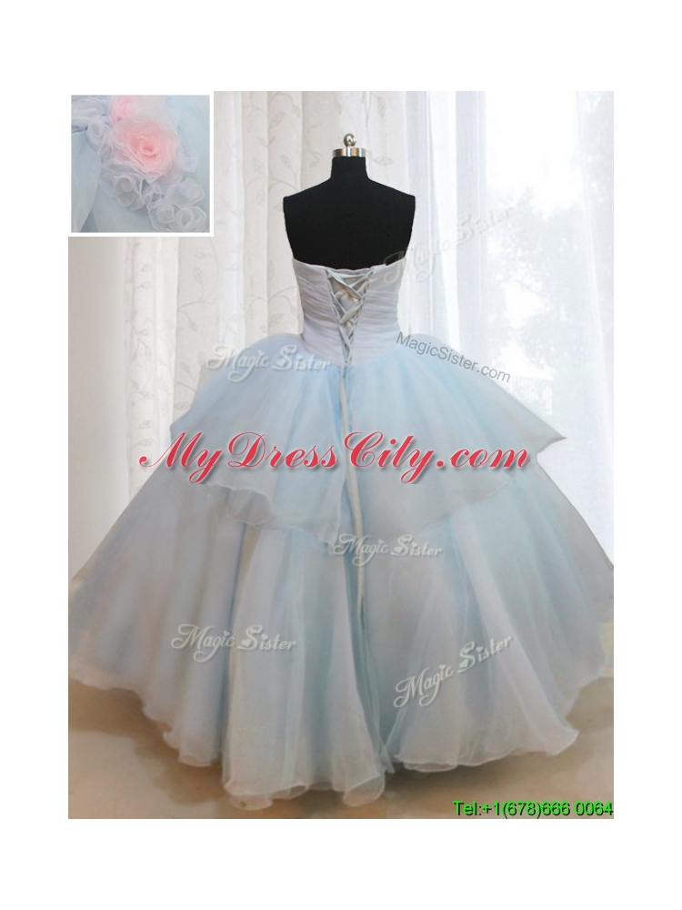 Strapless Light Blue Quinceanera Dress with Appliques and Handmade Flowers