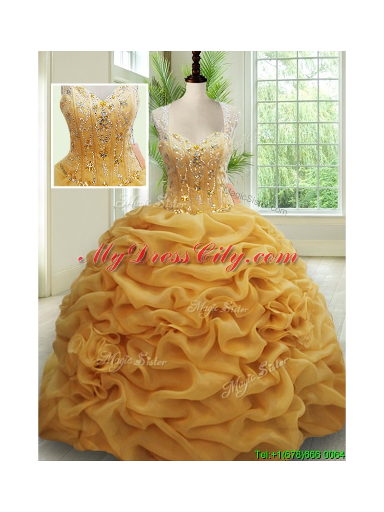 Visible Boning See Through Back Brush Train Beaded Quinceanera Dress in Gold