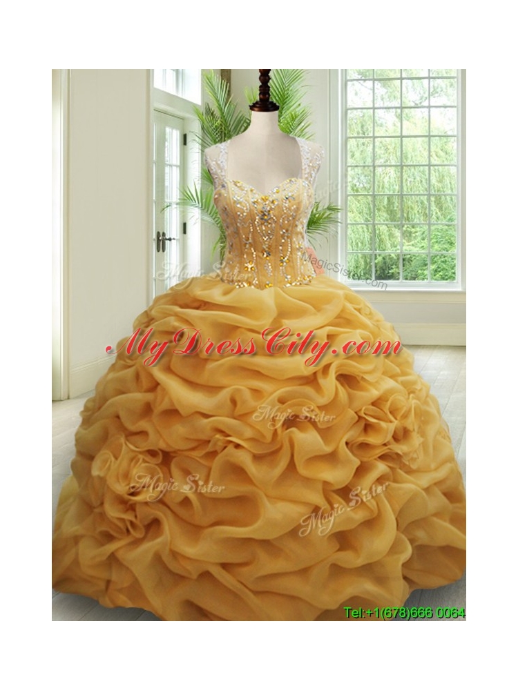 Visible Boning See Through Back Brush Train Beaded Quinceanera Dress in Gold