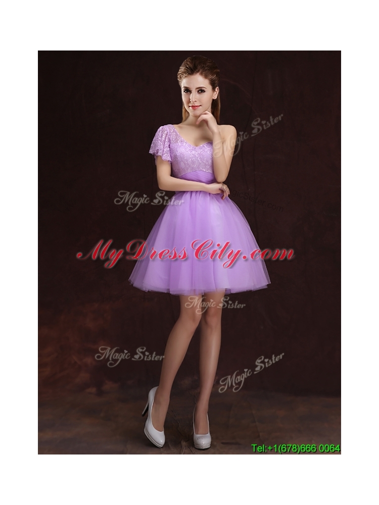 Sweet Tulle Lilac One Shoulder Dama Dress with Short Sleeve