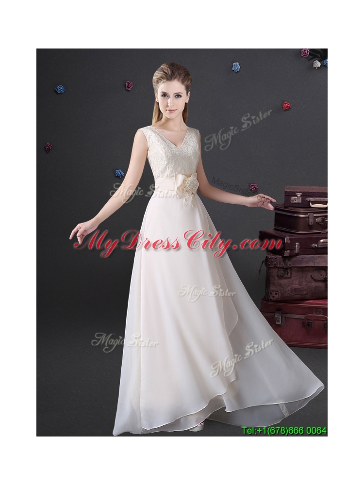 2017 New Style V Neck Laced and Bowknot Chiffon Dama Dress in White