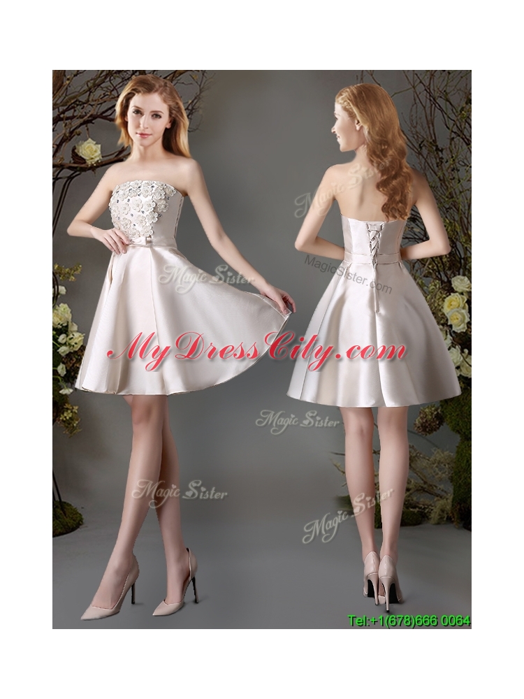 Perfect Applique and Bowknot Champagne Short Dama Dress for Summer