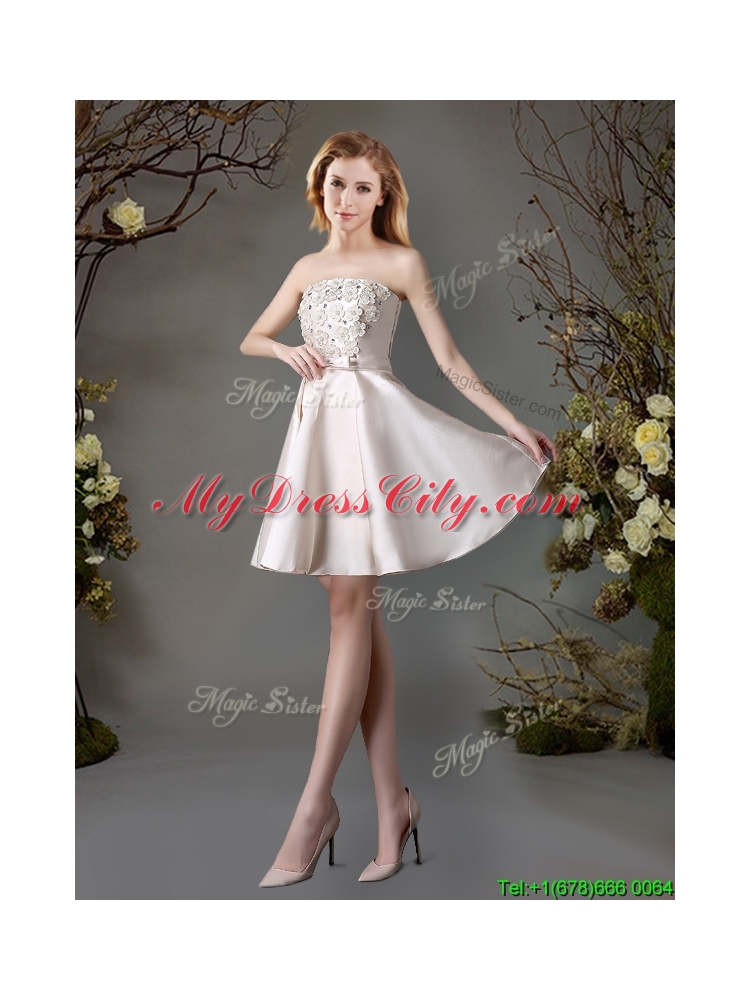 Perfect Applique and Bowknot Champagne Short Dama Dress for Summer