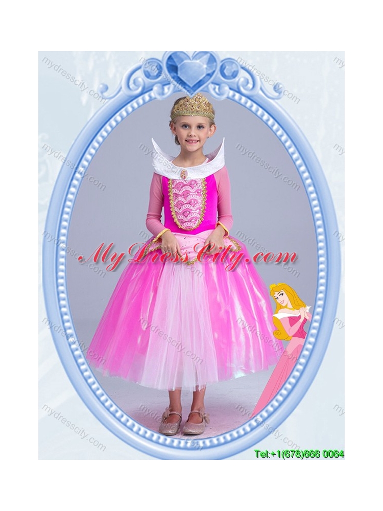 Halloween Elegant Tea Length Hot Pink Little Girl Pageant Dress with Long Sleeves