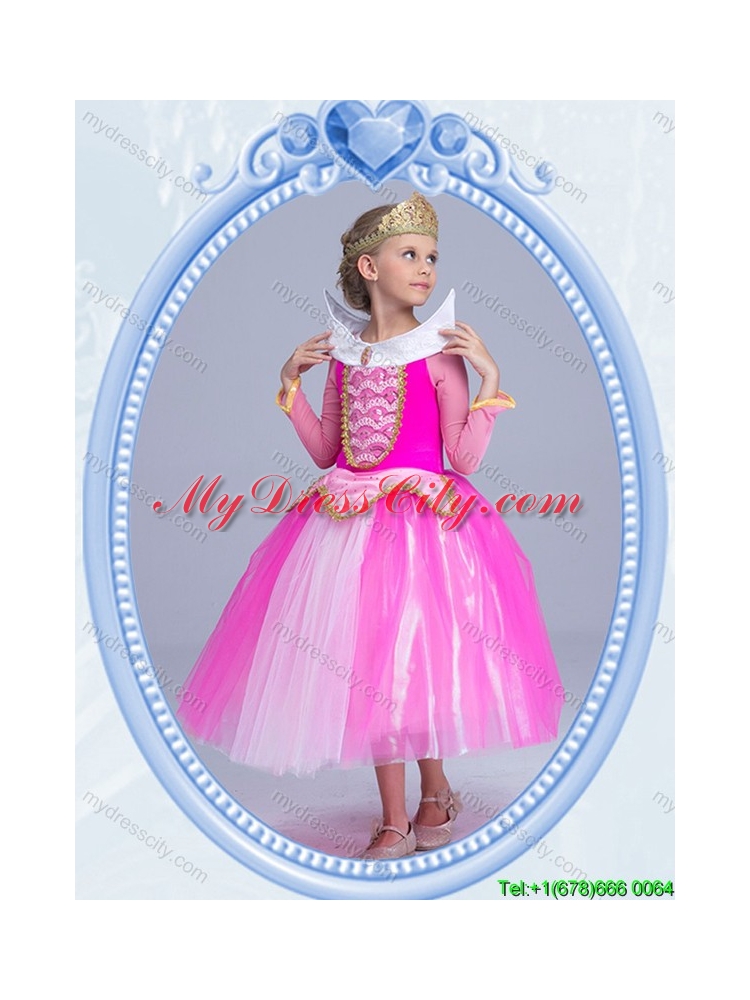 Halloween Elegant Tea Length Hot Pink Little Girl Pageant Dress with Long Sleeves