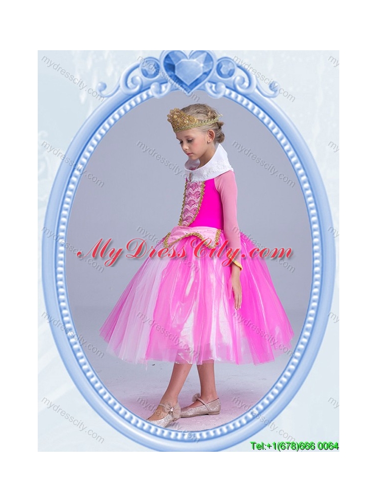 Halloween Elegant Tea Length Hot Pink Little Girl Pageant Dress with Long Sleeves